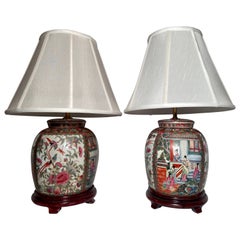 Pair Antique Chinese Famille Rose Porcelain Lamps, circa 1900-1920