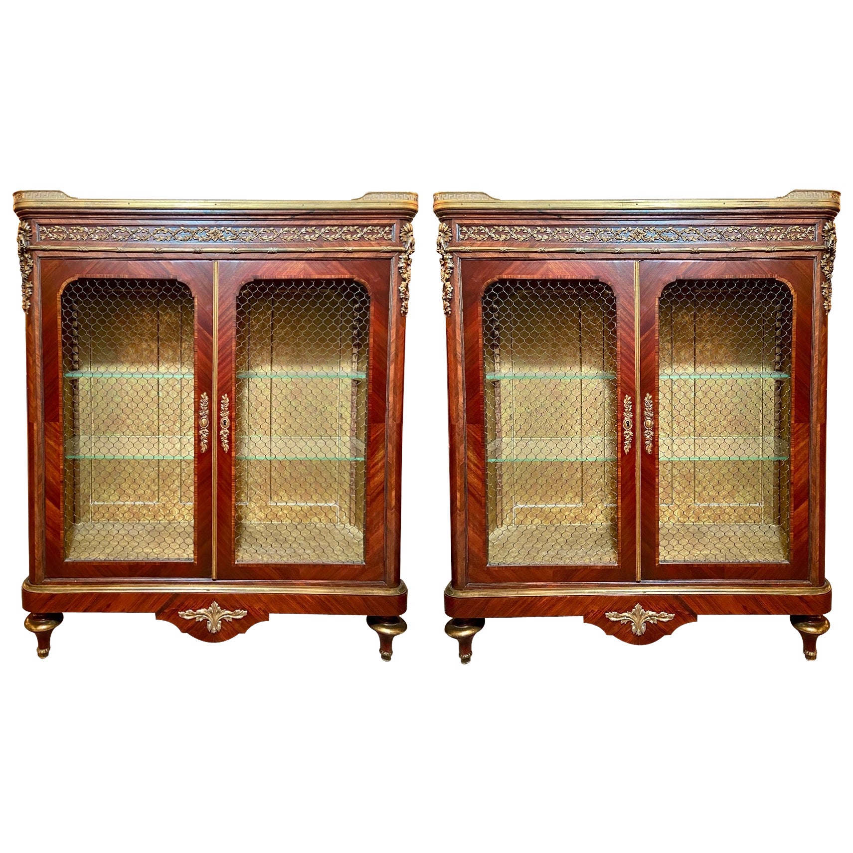 Pair Antique French Louis XVI Marble Top Cabinets, circa 1890 For Sale