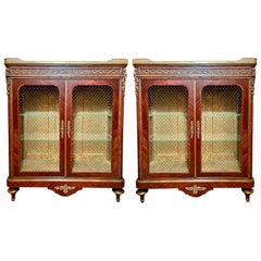 Pair Antique French Louis XVI Marble Top Cabinets, circa 1890
