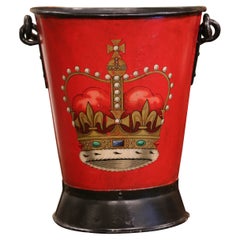 19th Century English Hand-Painted Iron Coal Bucket with Coat of Arms Decor