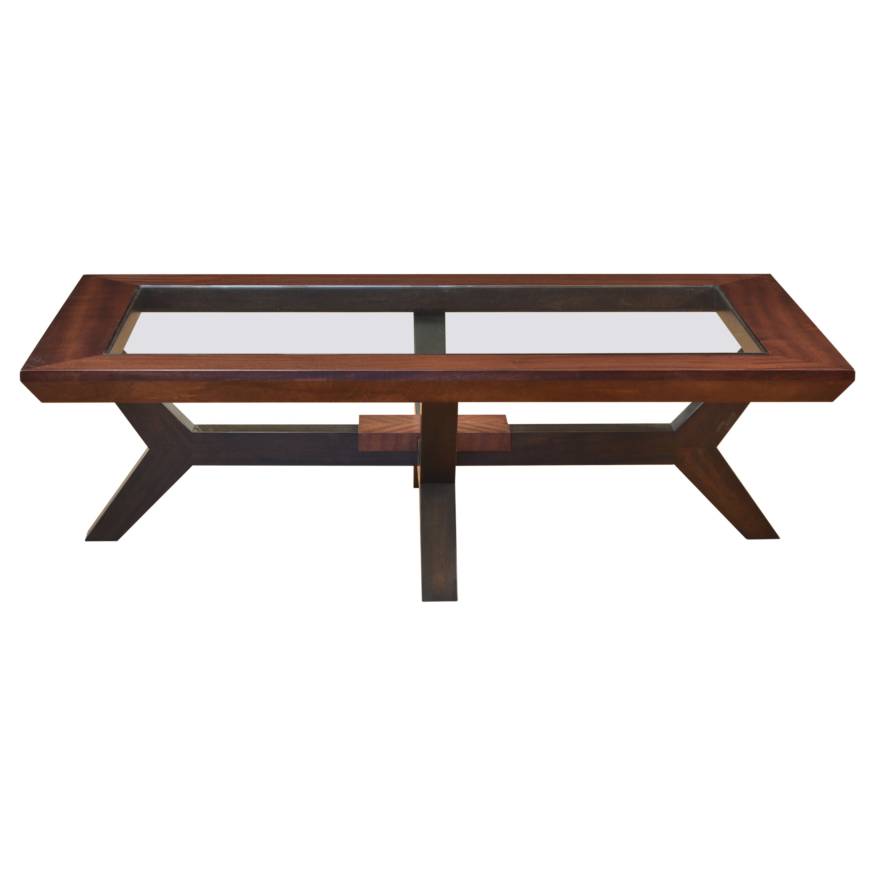 Cutean Cocktail Table, Ribbon Sapeli with Black Legs and Glass, by Lee Weitzman For Sale