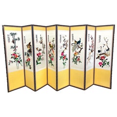 Retro Exquisite Chinese Embroidered Silk 8 Panel Room Divider Screen of Birds, Flowers