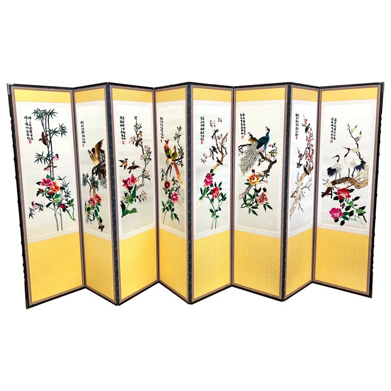 Exquisite Chinese Embroidered Silk 8 Panel Room Divider Screen of Birds, Flowers For Sale