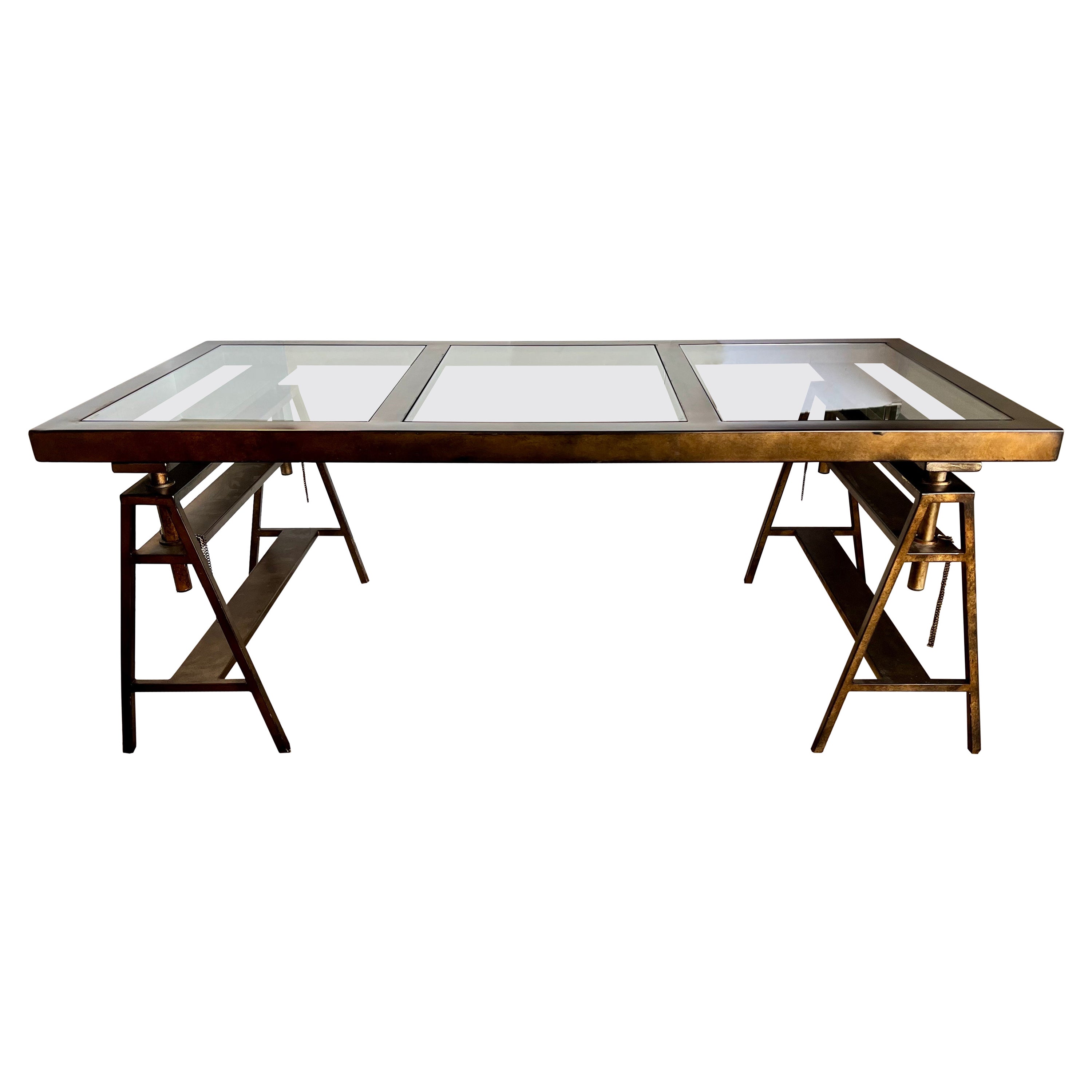 Mid-Century Industrial Glass Saw Horse Writing Table Desk