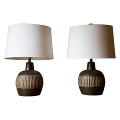 Pair of Incised Ceramic Lamps Matte Dark Gray Designed by Jane Gordon and Martz