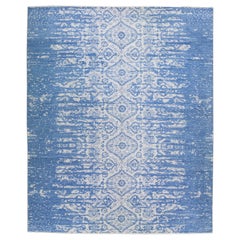 Modern Blue and Gray Handmade Tribal Motif Indian Wool Rug