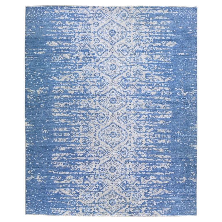 Modern Blue and Gray Handmade Tribal Motif Indian Wool Rug For Sale at
