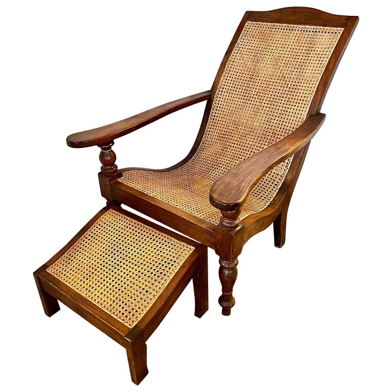 British Colonial Cane Plantation Chair and Matching Ottoman For Sale at