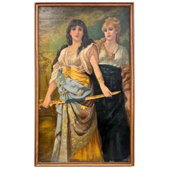 Magnificent Antique Extra Large Original Painting of Two Woman Oil on Board