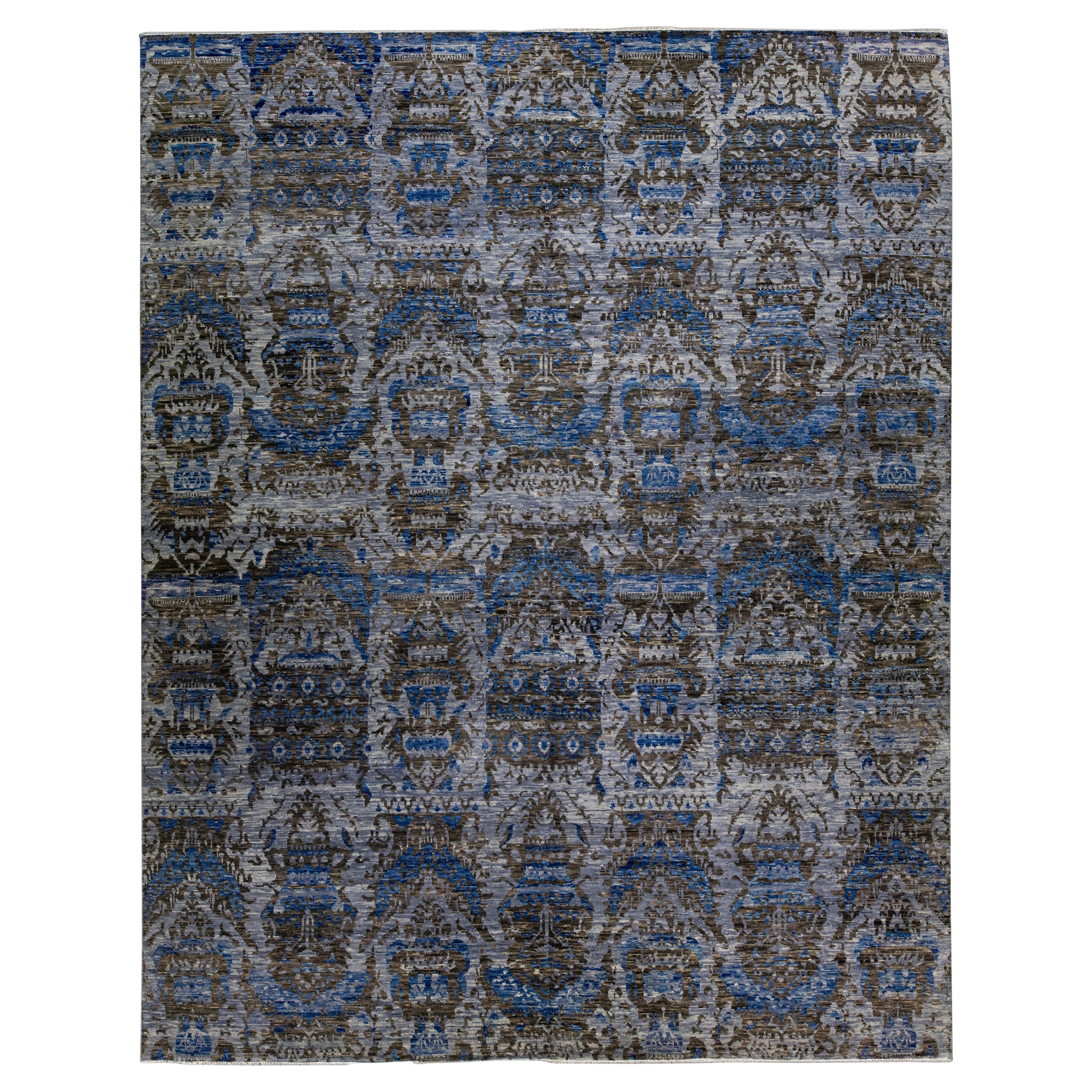 Gray Modern Handmade Allover Designed Indian Wool Rug For Sale