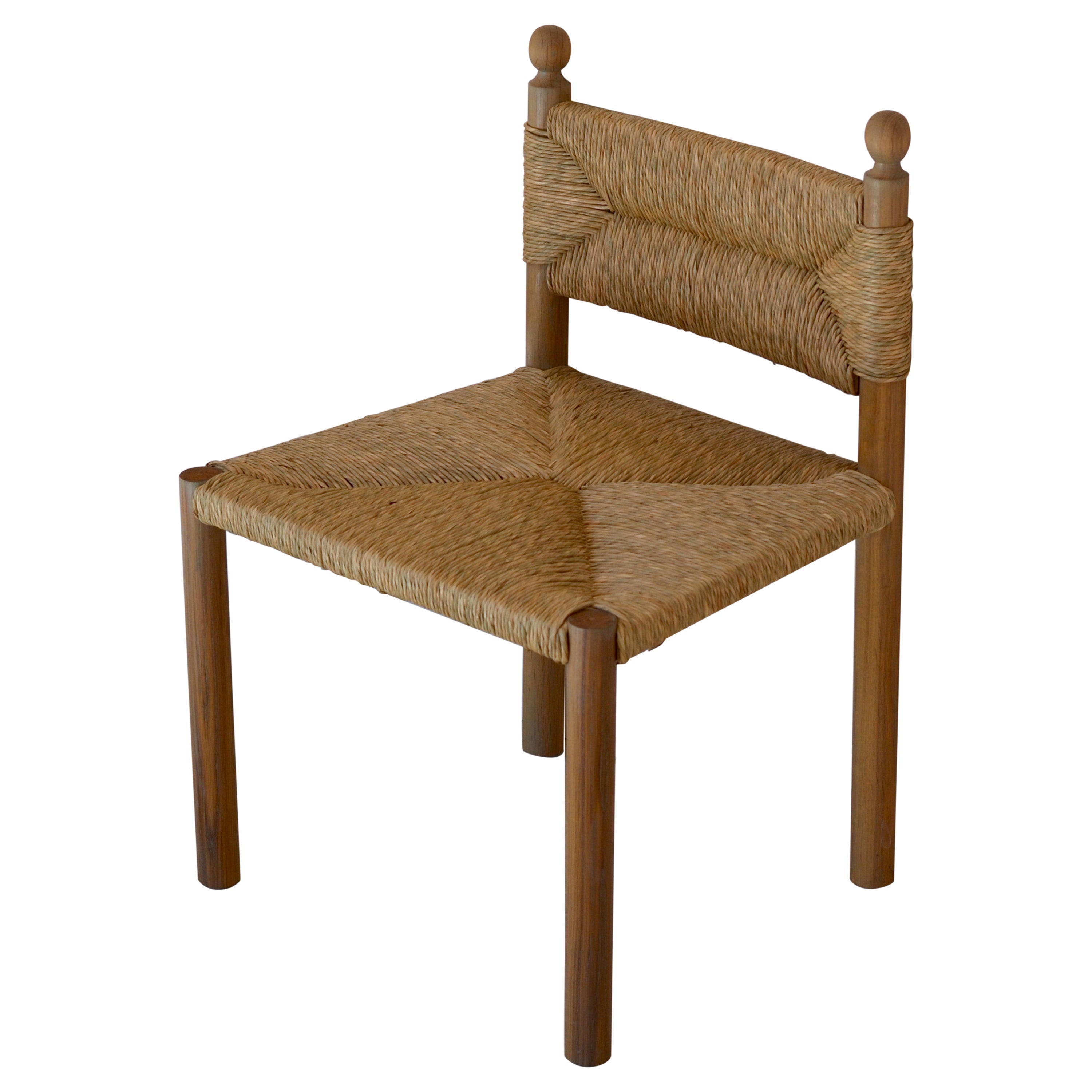 Rustic Modern Dining Chair, Rush by Martin & Brockett, Finial Detail, Wide Seat For Sale