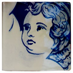 Cobalt Blue Hand-Painted Baroque Cherub or Angel Portuguese Ceramic Tile Azulejo