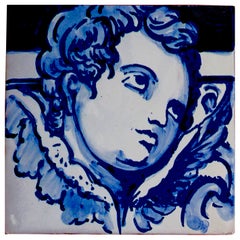 Blue Hand Painted Baroque Cherub or Angel Portuguese Ceramic Tile or Azulejo