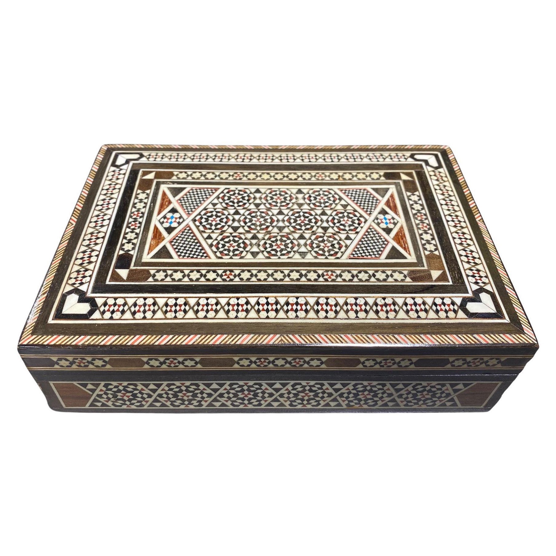 Caja de joyería marroquí morisca de Oriente Medio grande con incrustaciones de madera y micromosaico