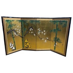 Vintage Japanese Asian Signed Four-Panel Folding Byobu Showa Screen Playful Yellow Bird
