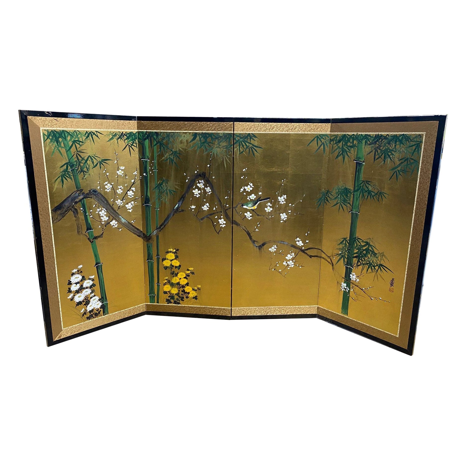 Japanese Asian Signed Four-Panel Folding Byobu Showa Screen Playful Yellow Bird