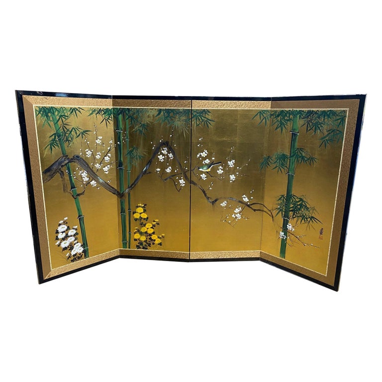 Japanese Asian Signed FourPanel Folding Byobu Showa Screen Playful