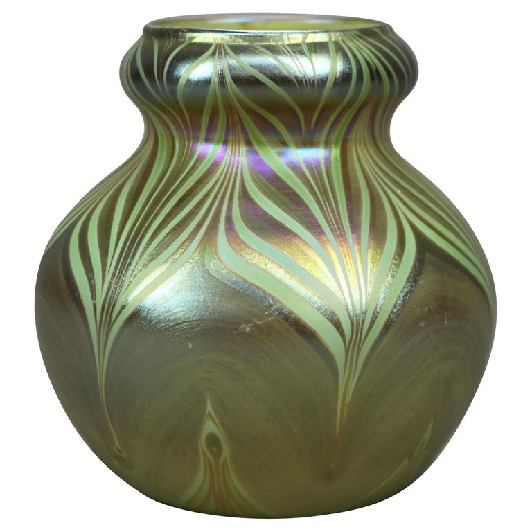 Antique Quezal Pulled Feather Art Glass Vase circa 1930 at 1stDibs