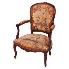 Antique French Louis XV Style Carved Walnut & Tapestry Arm Chair, Circa 1900