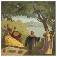 20th Century Oil on Masonite Italian Landscape with Figures Painting, 1945