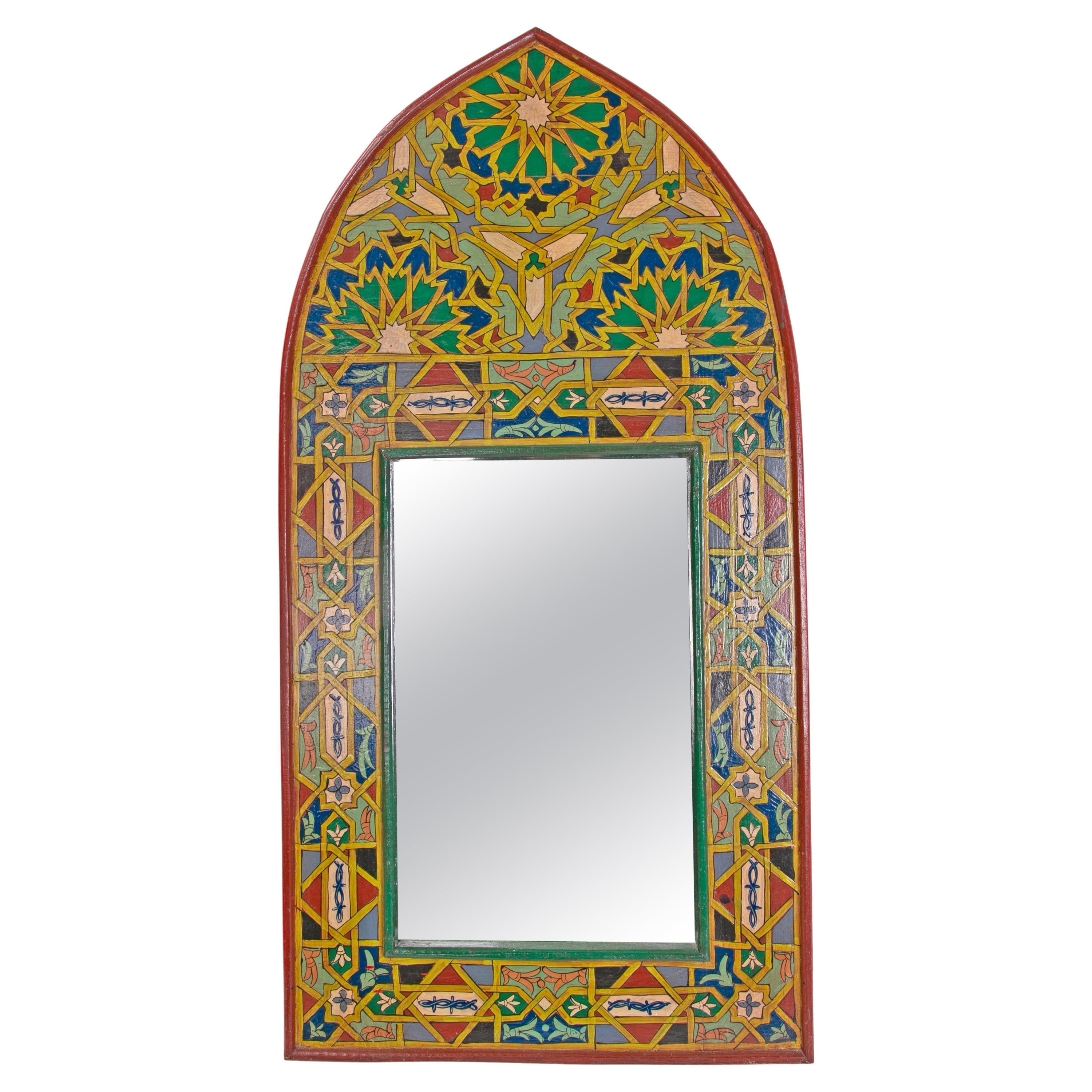 Miroir marocain en bois peint à la main des années 1980