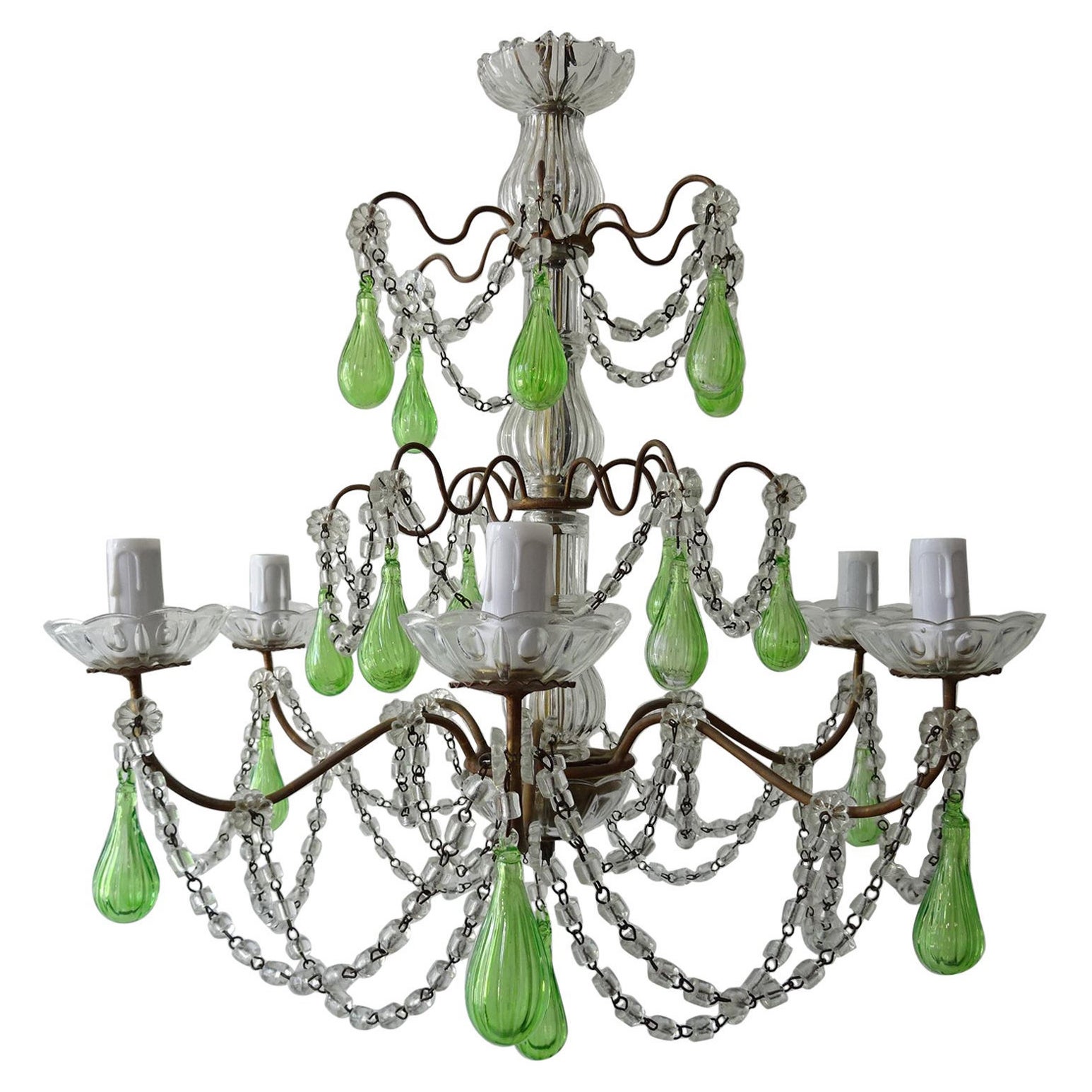 French Green Mouth Blown Murano Glass Drops Crystal Swags Chandelier, circa 1920