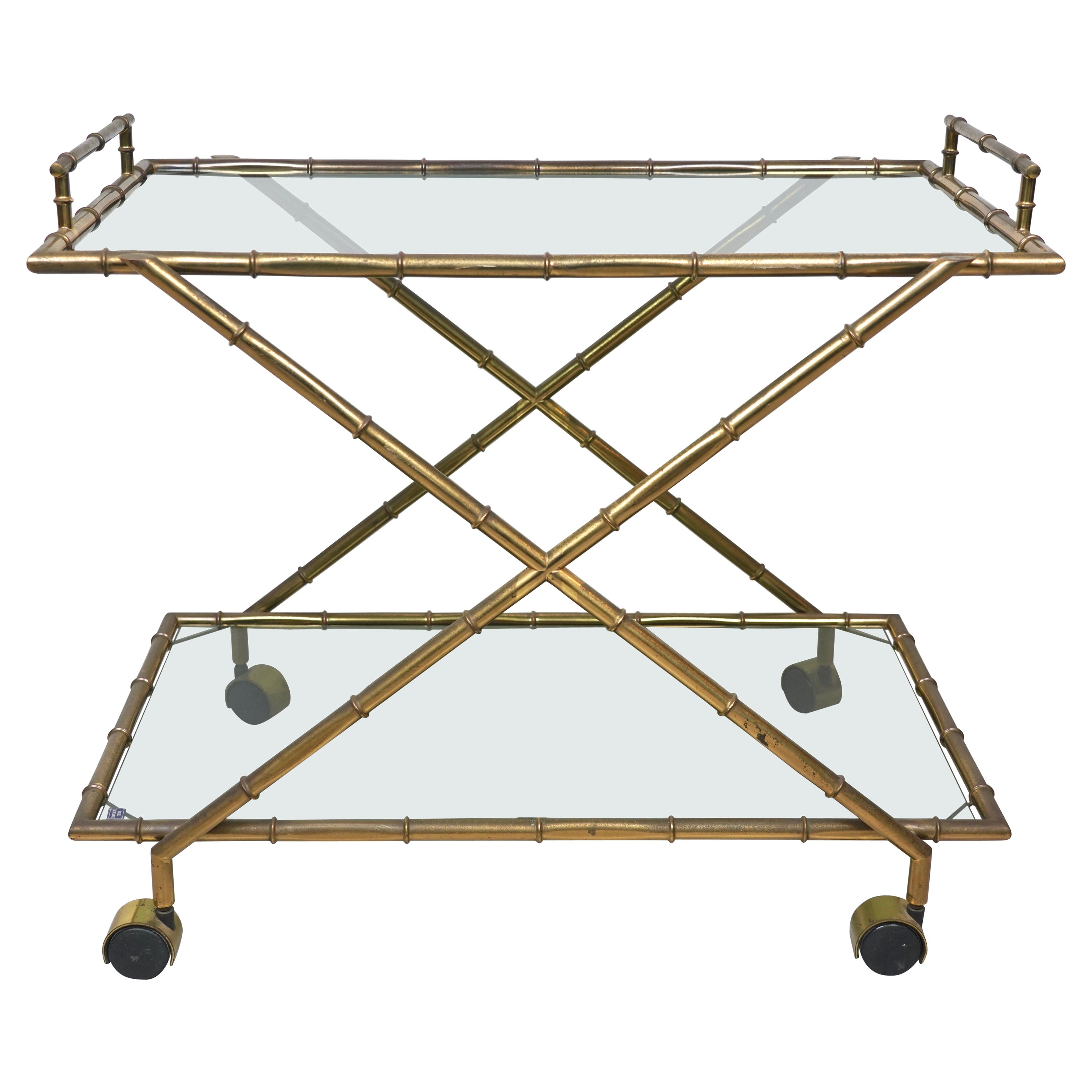 Serving Cart Faux Bamboo Brass and Smoked Glass by Rue Royale, France 1960s For Sale