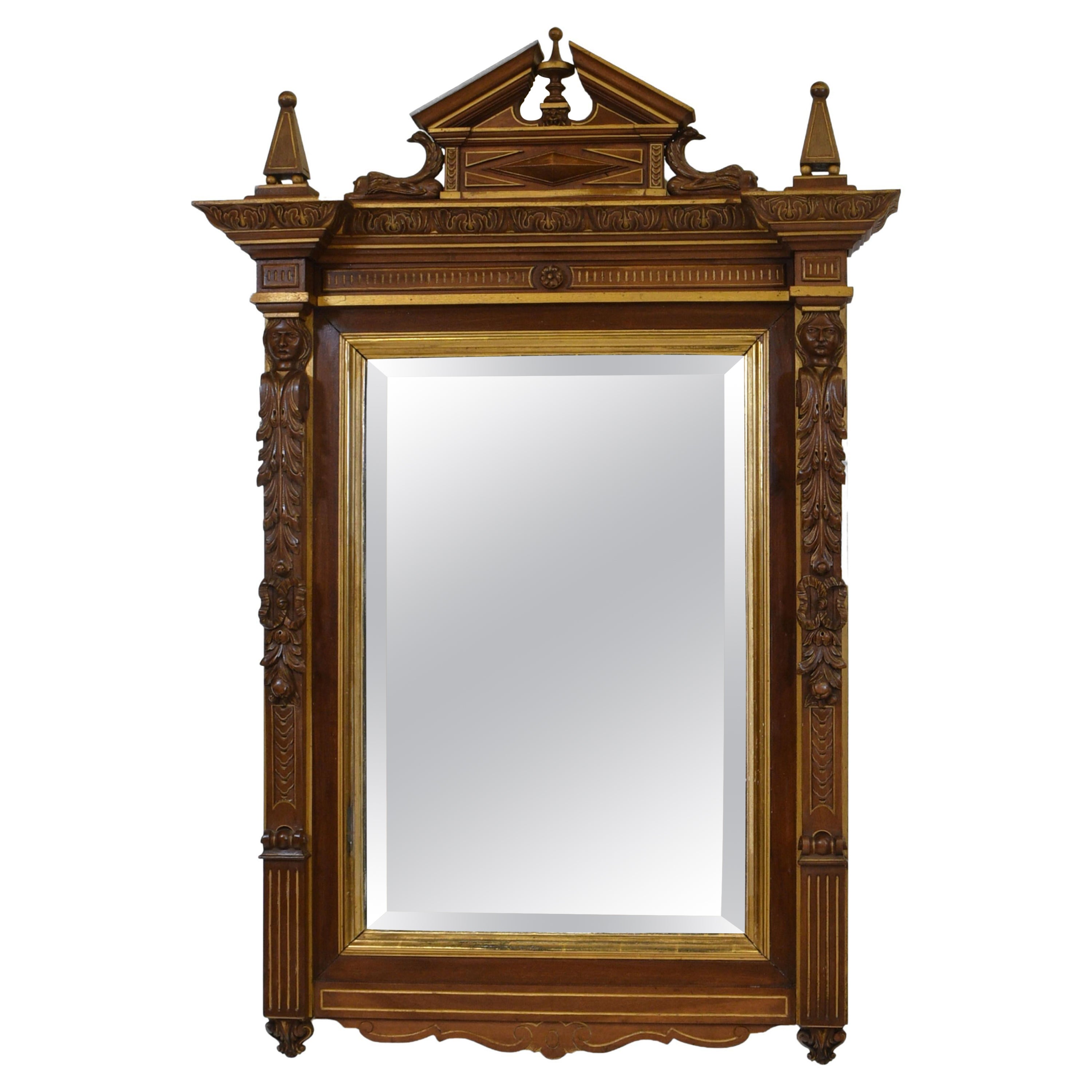 Antique 19th Century Renaissance Revival Walnut & Gilt Wall Mirror For Sale