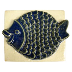 Ego Stengods Mid Century Ceramic Wall Plaque of Blue Fish  Sweden