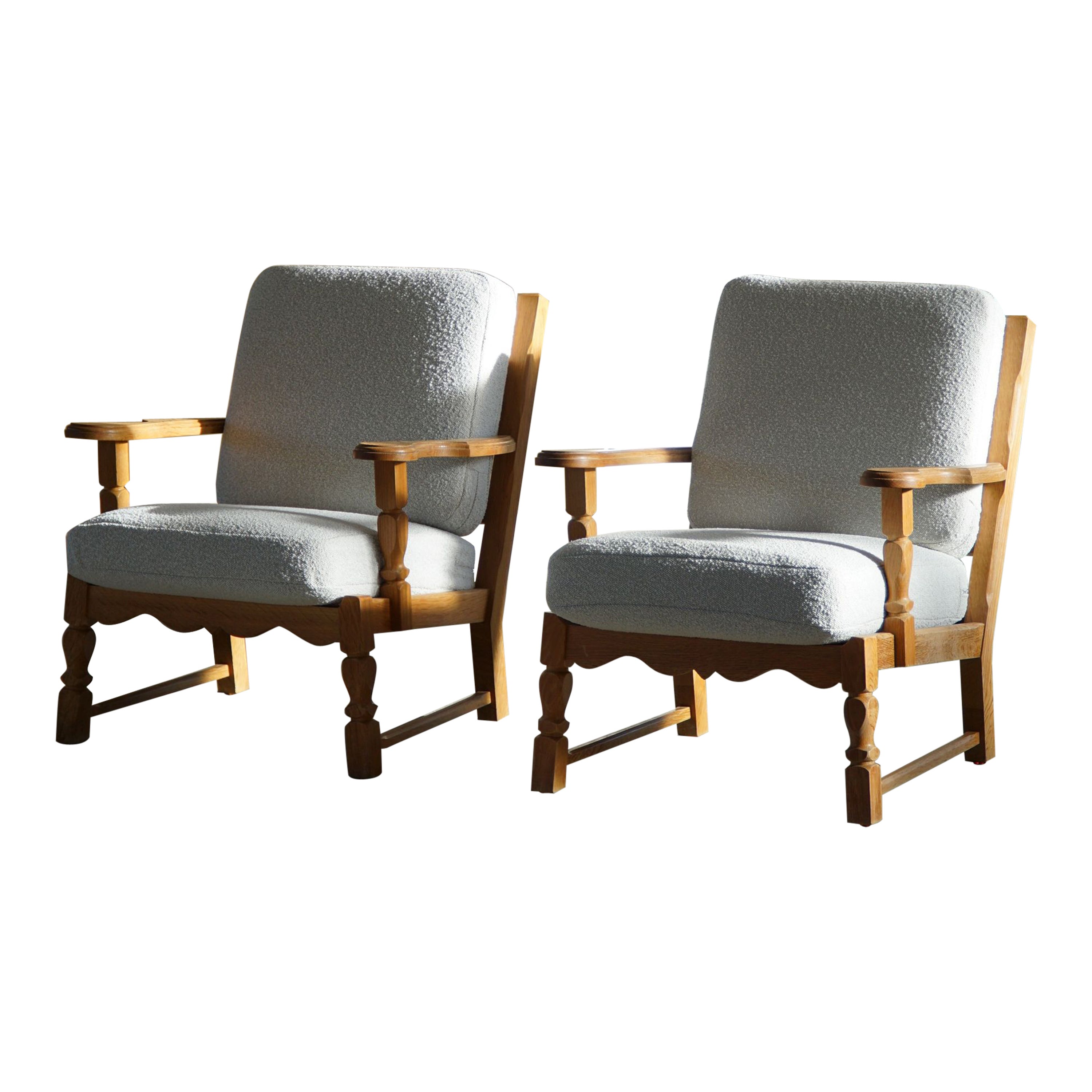 Danish Modern Pair of Lounge Chairs in Oak & Reupholstered in Bouclé, 1960s