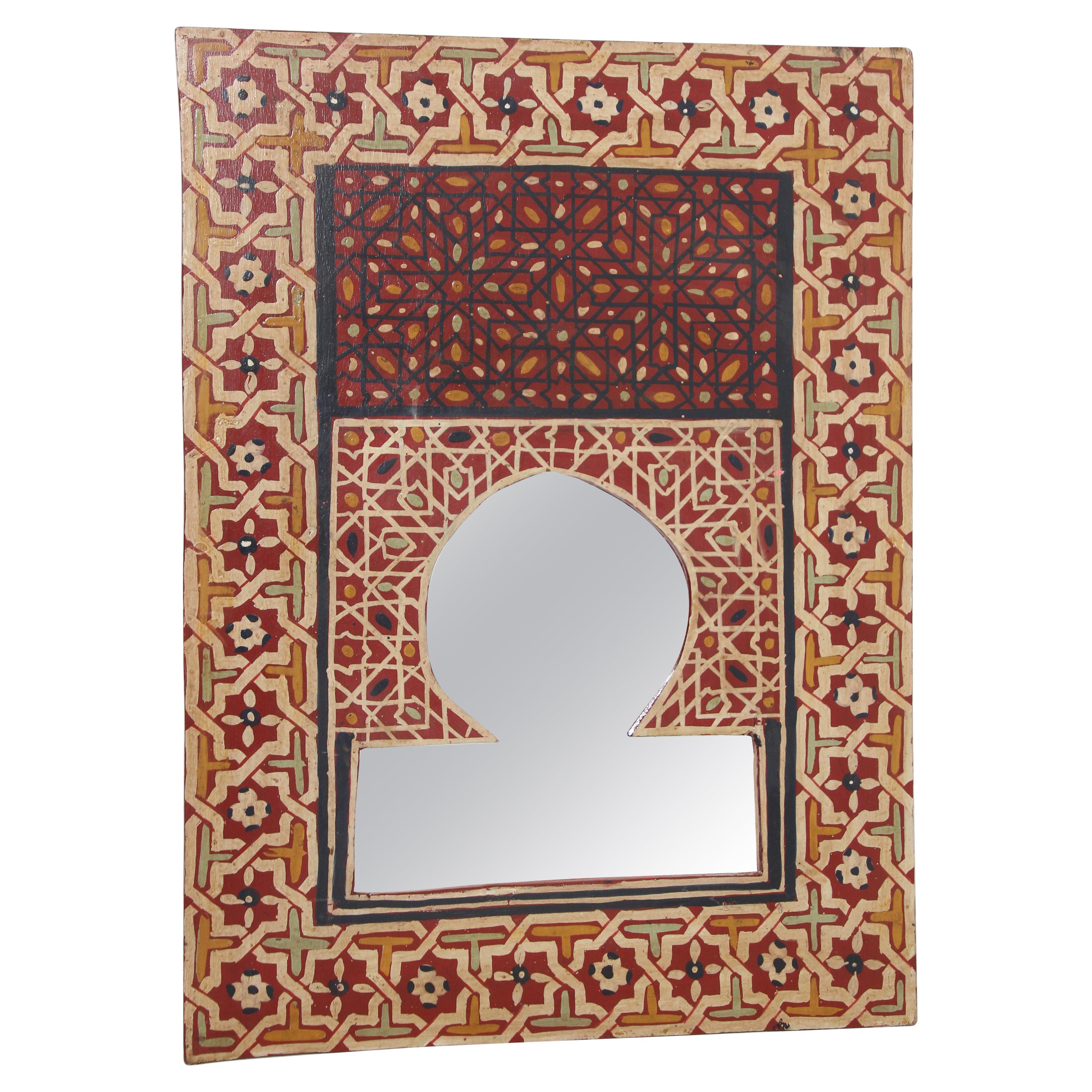 Vintage Moroccan Mirror Hand Painted with Red Moorish Design For Sale