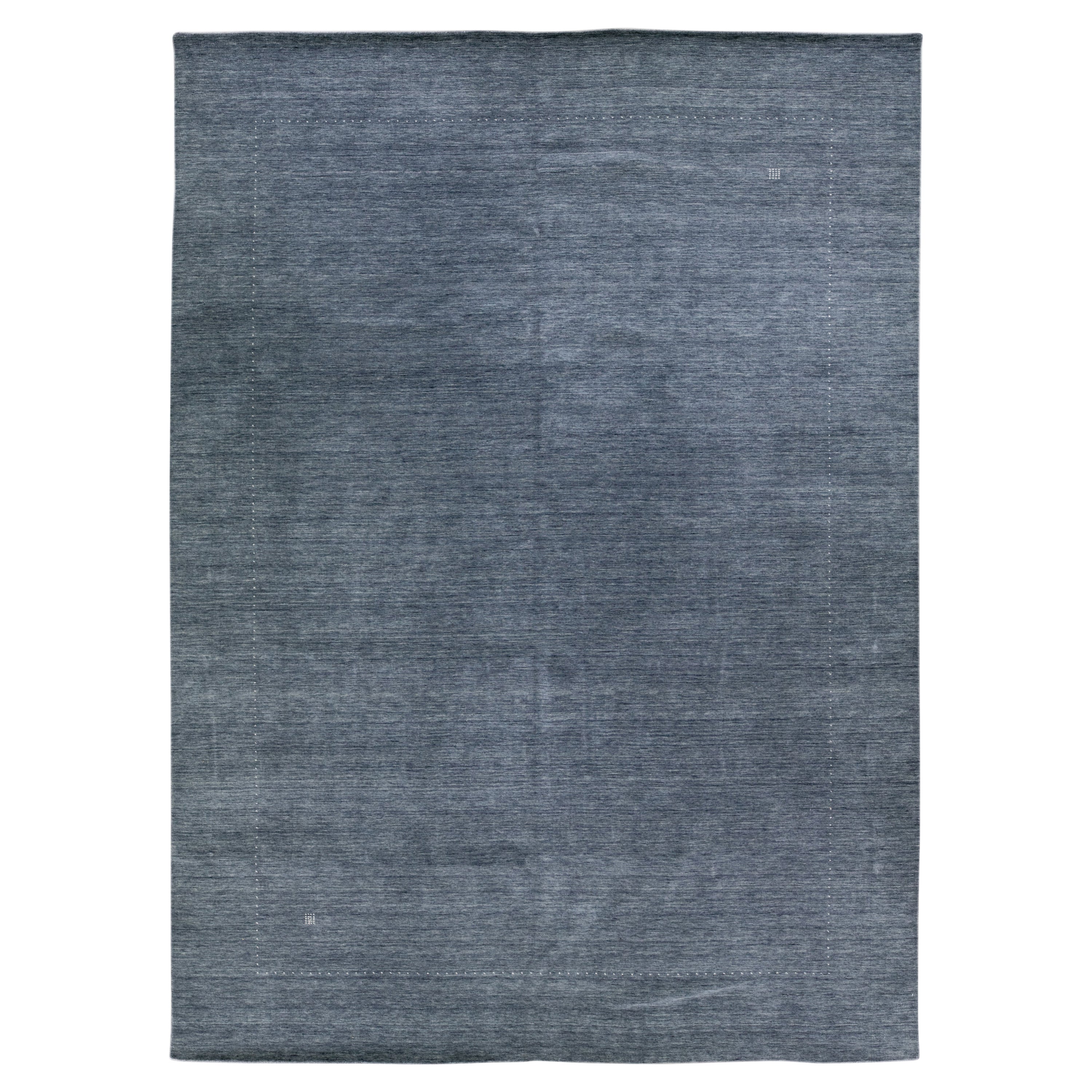 Blue Modern Gabbeh Style Hand-Loom Minimalist Pattern Wool Rug