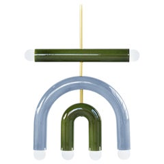 Customizable Pendant Lamp TRN D1, Brass Rod, Green & Light Blue Ceramic 
