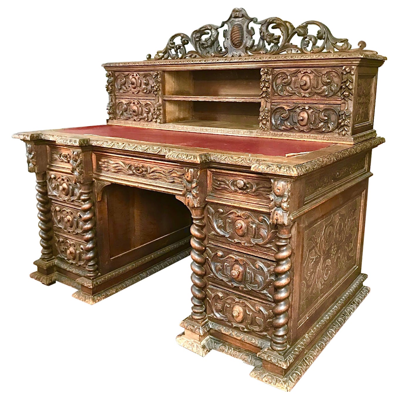 French Neo-Renaissance Hand-Carved Wooden Desk Henri II Style circa 1870 France