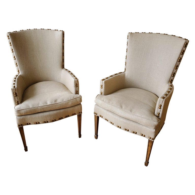 Pair of Recently Reupholstered Mid-Century High Backed Armchairs For Sale