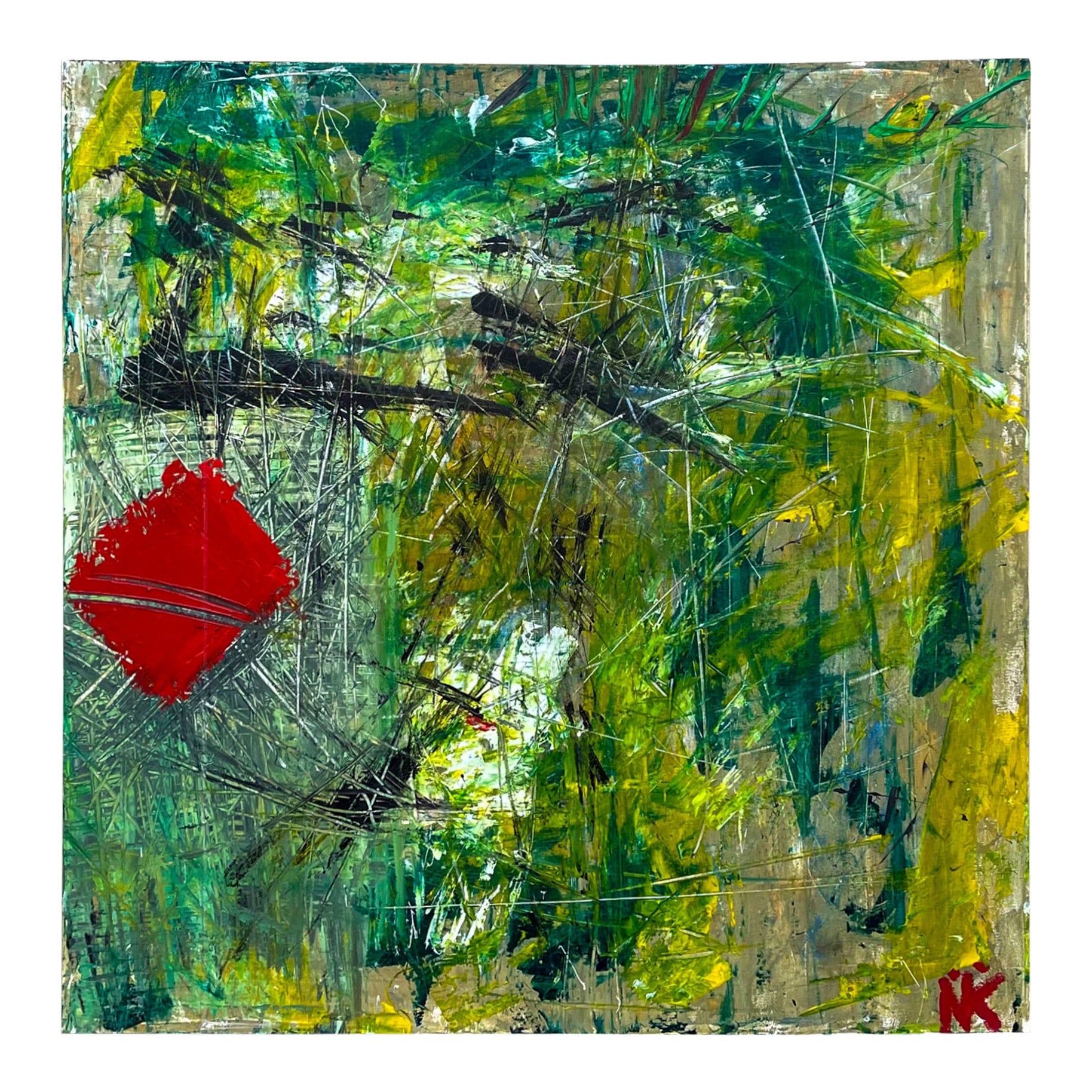 Large Scale Mid-Century Modern Signed Abstract Oil On Canvas, Green /Red C.1972 For Sale