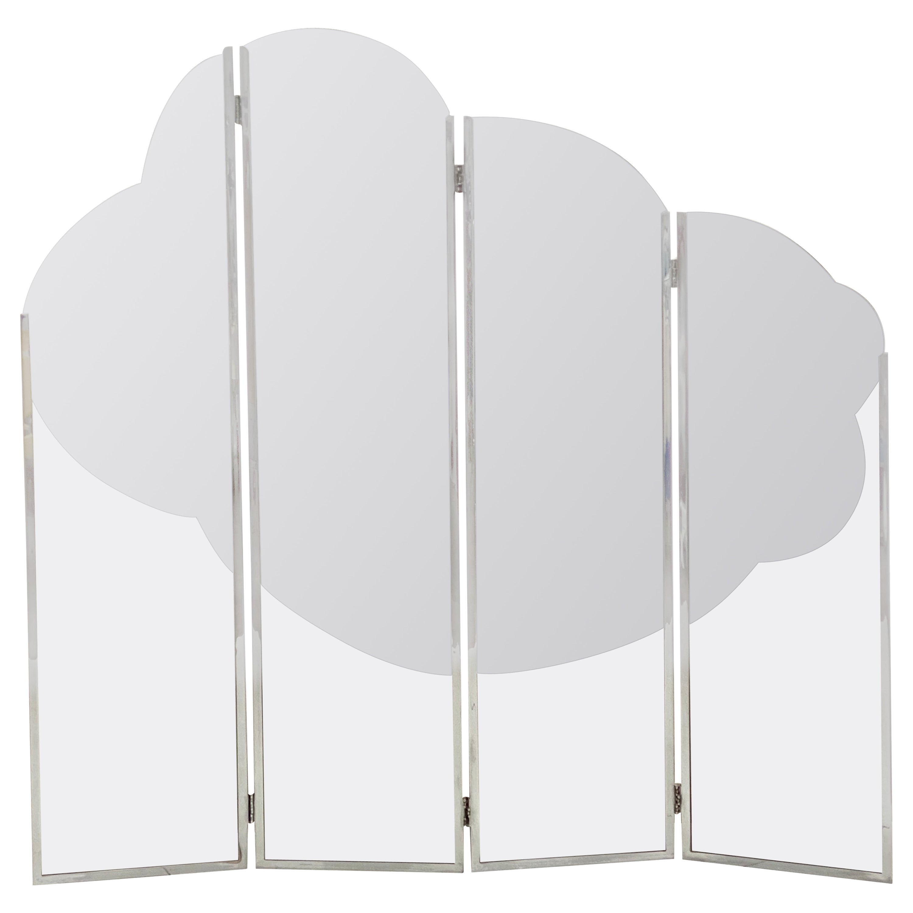 Stunning folding 1960s 'Cumulus' cloud form mirrorred screen in the style of French artist Guy De Rougement who produced several highly sought after and valuable pieces of design art based on the cloud form. The mirrored cloud form is formed within