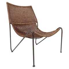 Rare 1950s Rene-Jean Caillette Wicker Lounge Chair with Serpentine Form Frame