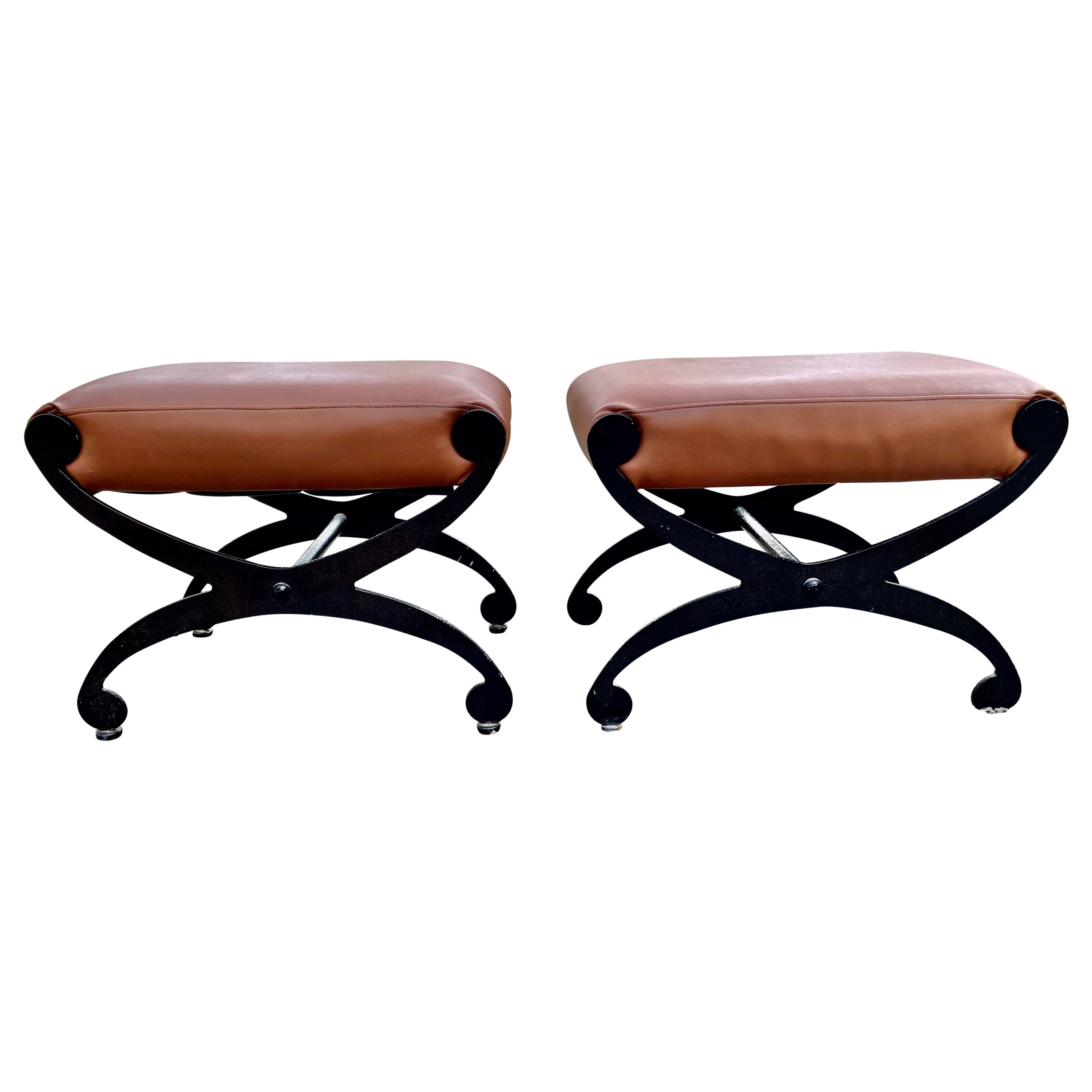 Handsome Pair of Regency Style Wrought Iron & Leather Benches
