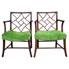 19th Century Carved Mahogany Chinese Chippendale Style Chairs, Near Pair