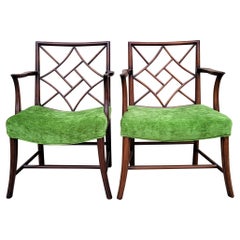 Antique 19th Century Carved Mahogany Chinese Chippendale Style Chairs, Near Pair