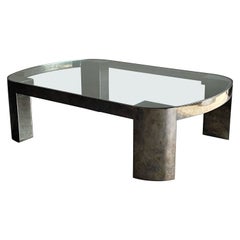 Monumental Karl Springer ‘Banker’ Coffee Table in Polished Gunmetal and Glass
