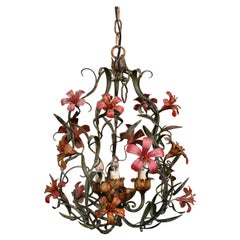 Early 20th Century French Painted Iron and Tole Chandelier with Pink Flowers