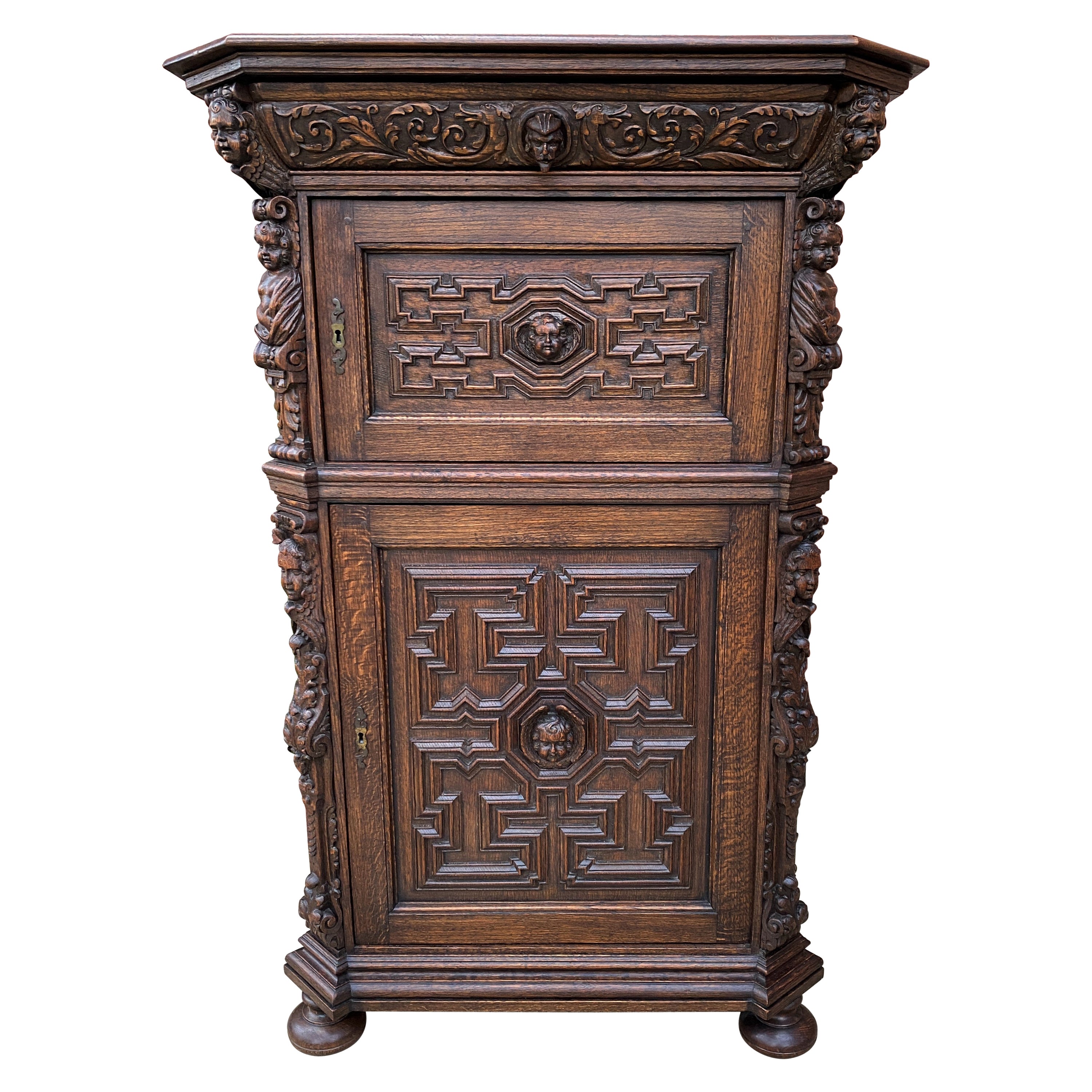 Antique French Lingerie Cabinet Chest Canted Corners Oak Renaissance Revival 
