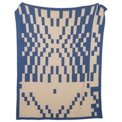 Pixel Map Knit Throw Blanket Textile in Blue and Natural