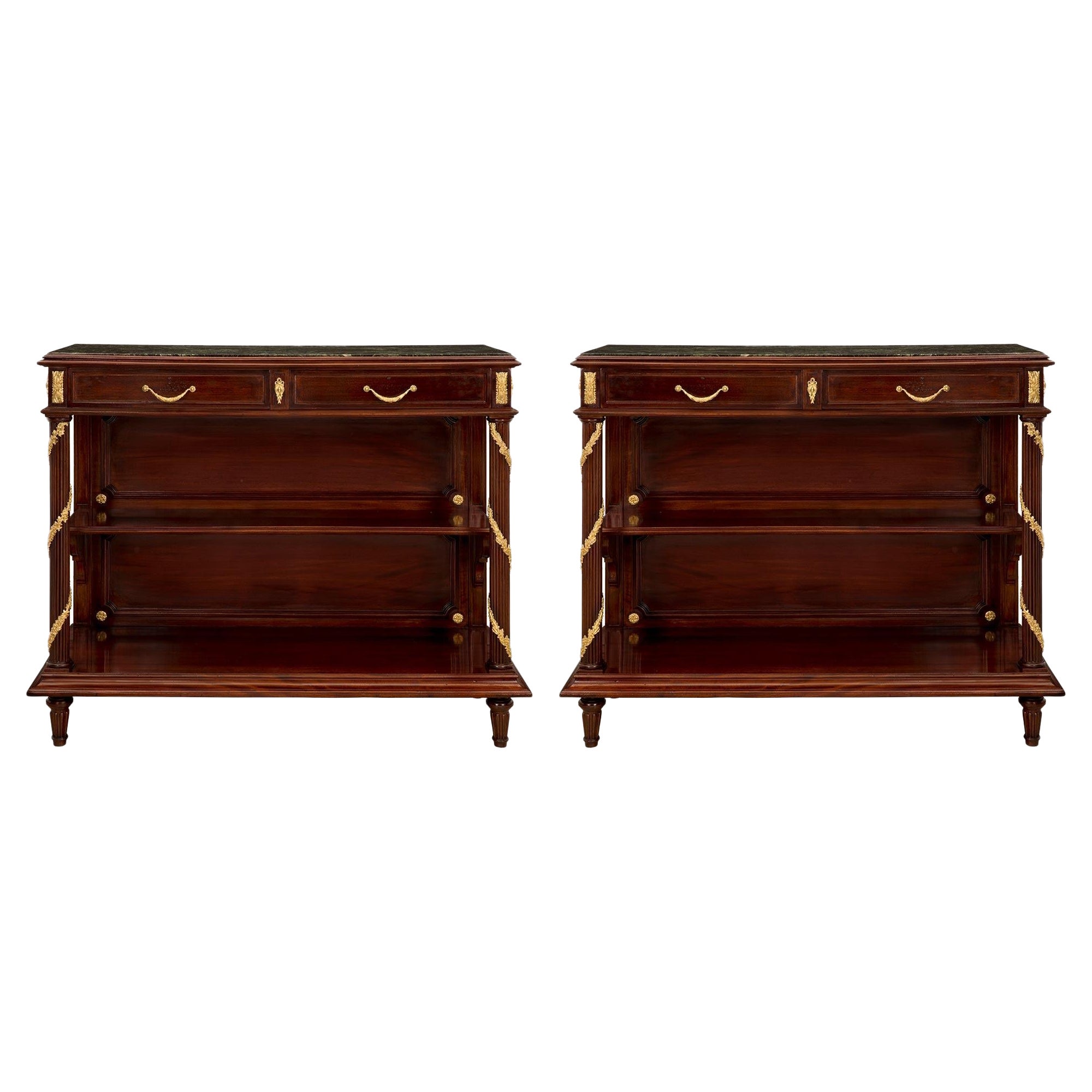 Pair of French 19th Century Louis XVI St. Mahogany, Ormolu and Marble Buffets For Sale