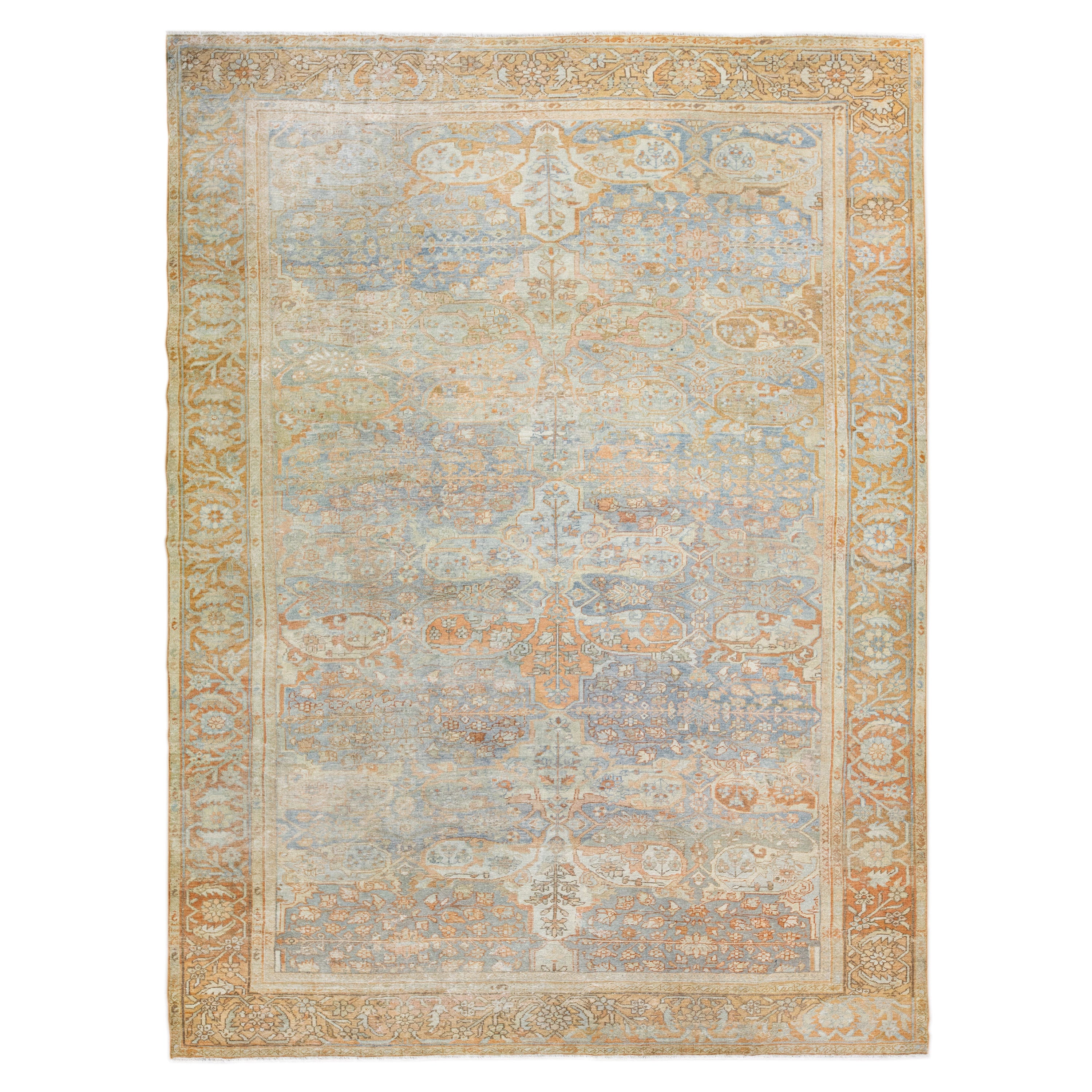 Antique Sultanabad Handmade Allover Floral Light Blue Wool Rug For Sale