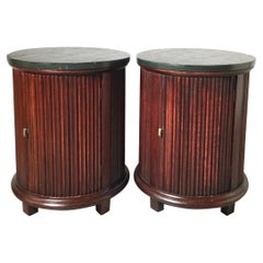 Pair of Mid Century Mahogany and Slate Round Storage Side Tables