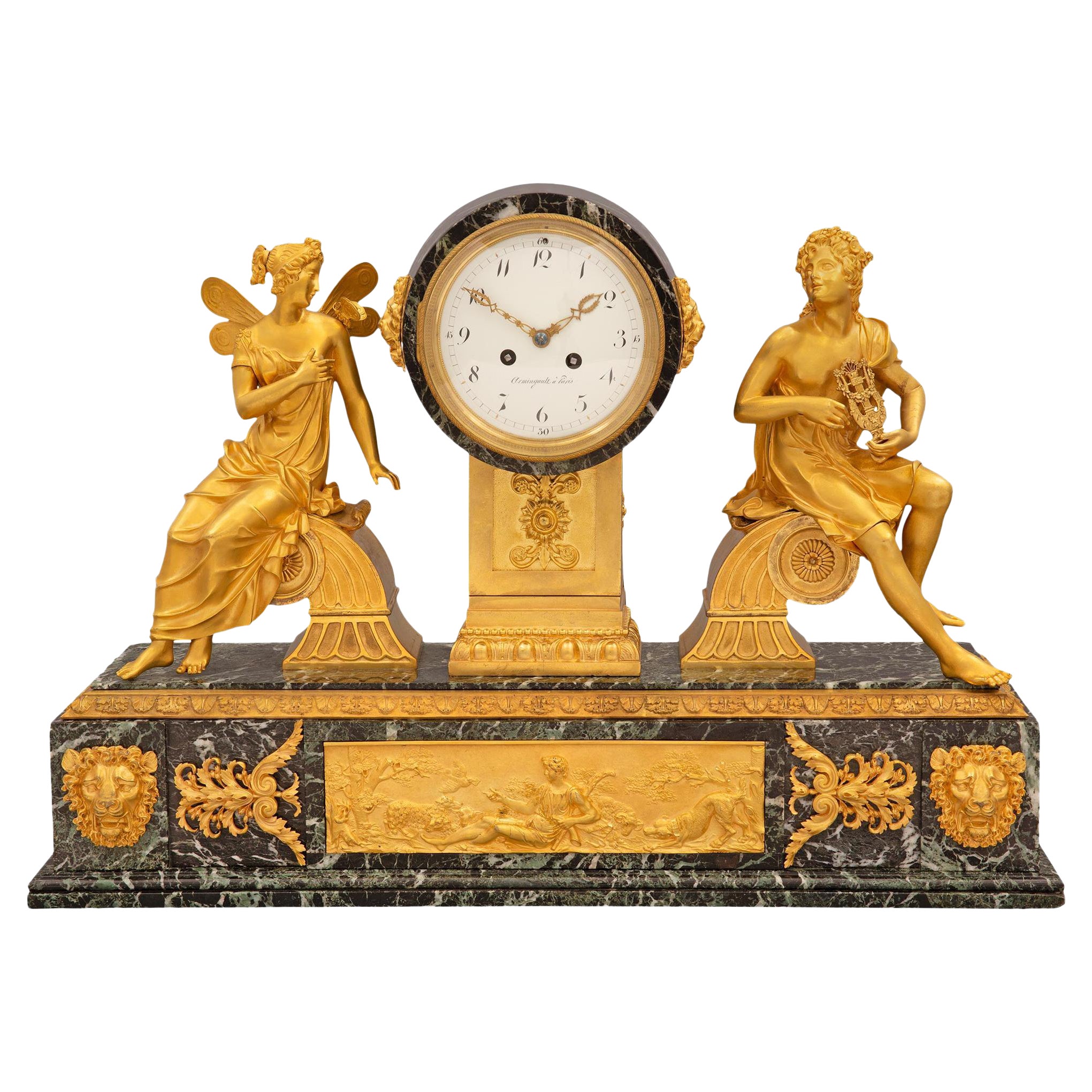 French 19th Century Empire Style Ormolu and Vert Patricia Marble Clock For Sale