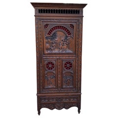 Antique French Breton Cabinet Bonnetiere Armoire Carved Dark Oak Linen Closet 
